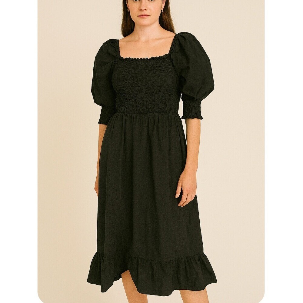 Sim & Sam midi nap dress smocked bust puff sleeve black 100% cotton SZ XS